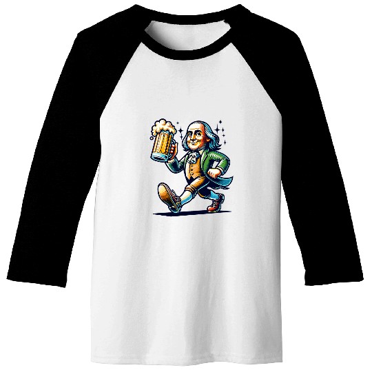 Beer Fun Boozing Benjamin Franklin With Beer Mug Celebrate Freedom Baseball Tees