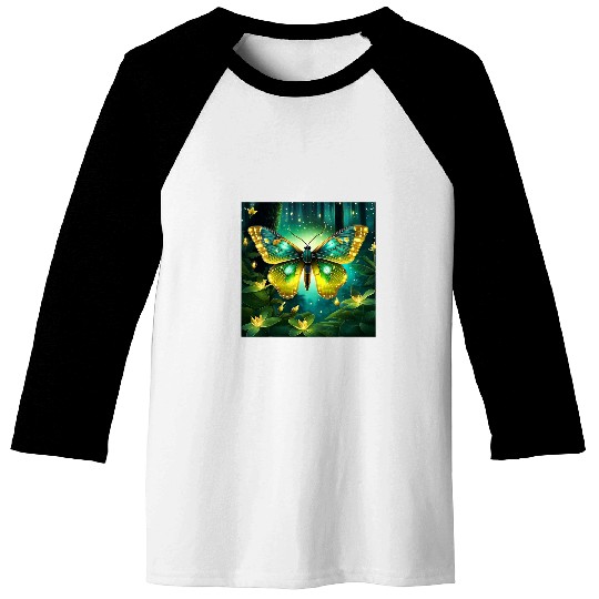Fantasy Faerie Garden Glowing Fireflies Luna Moth Graphic Baseball Tees