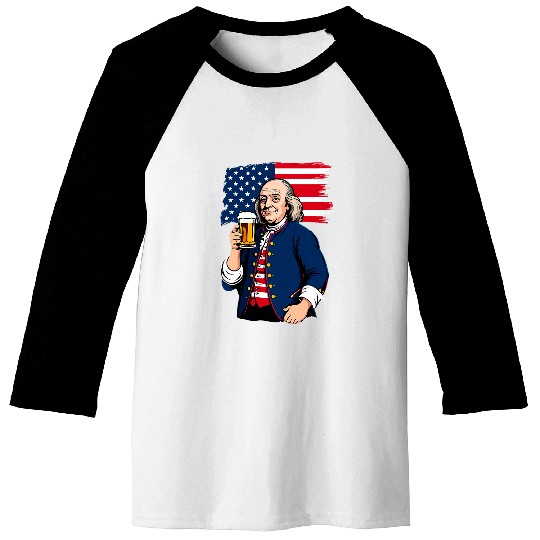 Beer Fun Boozing Benjamin Franklin With Beer Mug 4th July Funny Baseball Tees