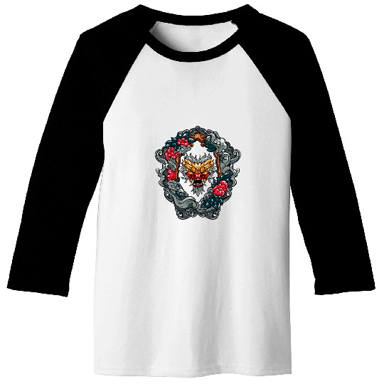 Dragon Pet Fierce Japanese Dragon Wrapped in Floral Baroque Frame Baseball Tees