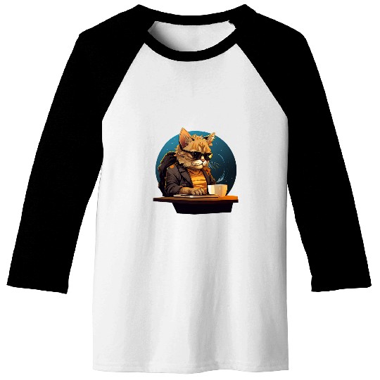 Coffee Fun Cool CEO Cat with Coffee and Computer Baseball Tees