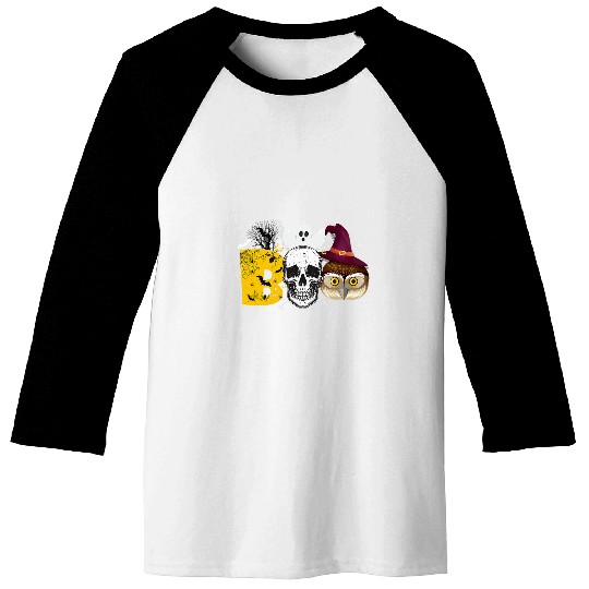 Discover Owl Pet Scary Boo Halloween Skull With Owl Witch Hat Skeleton Baseball Tees