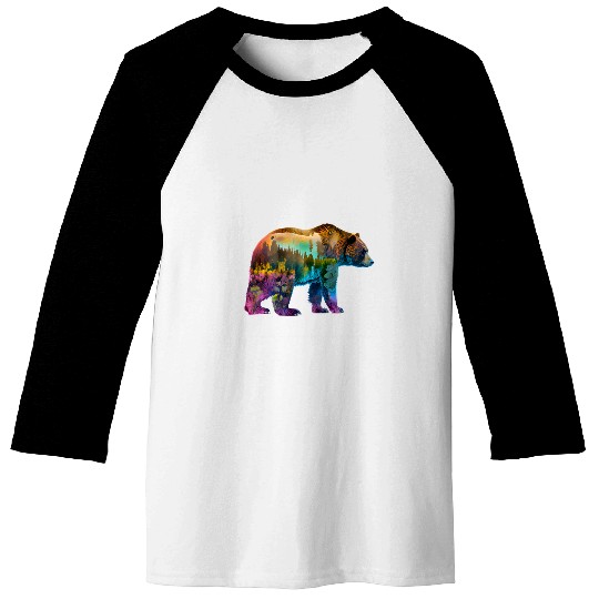 Bear Pet Grizzly Bear With Forest And Nature Silhouettes Baseball Tees
