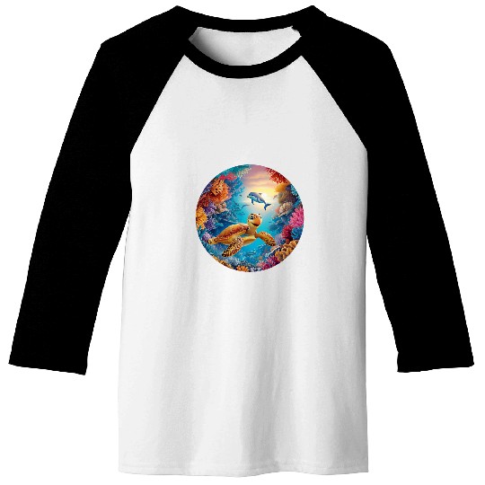 Turtle Pet Fun Graphic Art Design Turtle Dolphin Sunset Baseball Tees