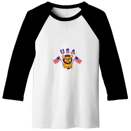 Lion Pet Cute Patriotic USA Lion US Flag Waving 4th of July Animal Baseball Tees