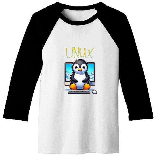 Penguin Pet Linux Tux Penguin in Front of a Computer Monitor 1 Baseball Tees