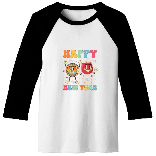 Retro Groovy Champagne Glass Disco Ball Happy New Year 2024 Baseball Tees