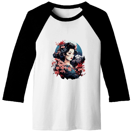 Japanese Geisha With Mount Fuji And Pagoda Cherry Blossom 9 Baseball Tees