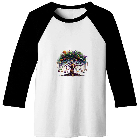 Mardi Gras Tree Beads New Orleans 2024 Watercolor Festival Baseball Tees