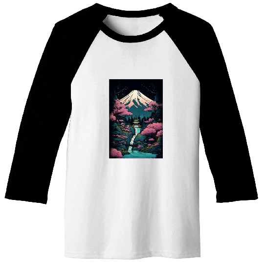 Mount Fuji Cherry Blossoms Geisha Japanese Garden Japan Art 3 Baseball Tees