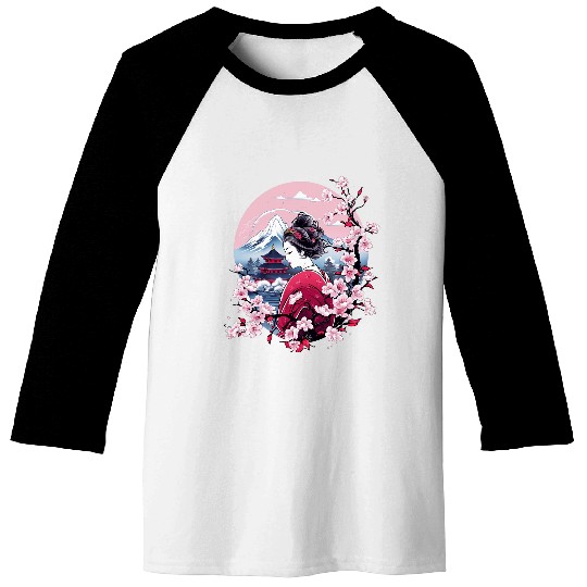 Japanese Geisha With Mount Fuji And Pagoda Cherry Blossom Baseball Tees