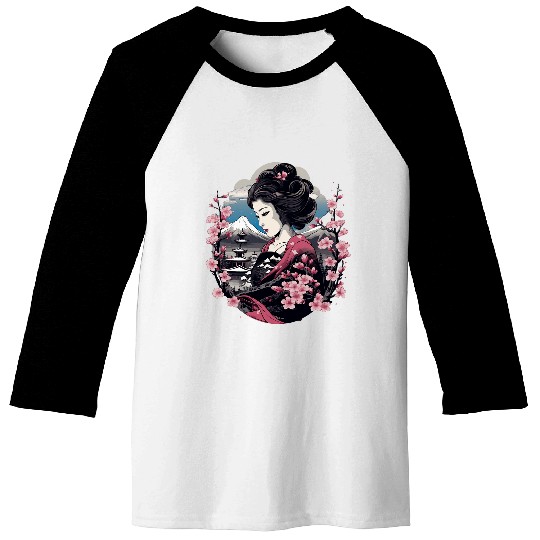 Japanese Geisha With Mount Fuji And Pagoda Cherry Blossom 16 Baseball Tees