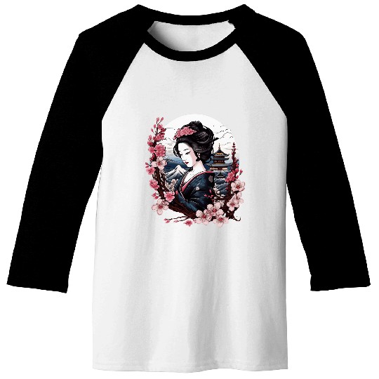 Japanese Geisha With Mount Fuji And Pagoda Cherry Blossom 1 Baseball Tees