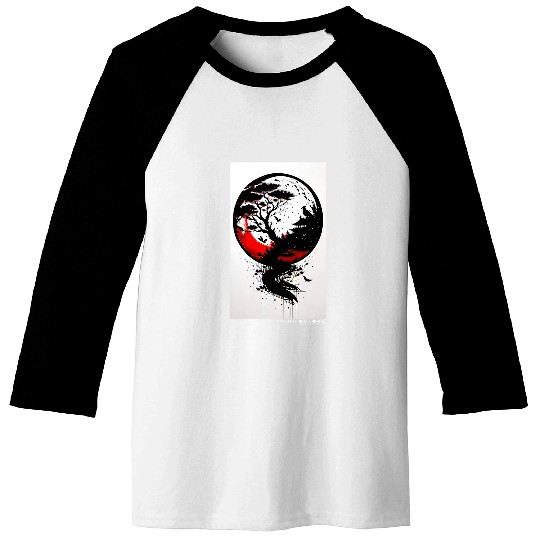 Japanese Tree Red Moon With Birds Flying in background Graph 2 Baseball Tees