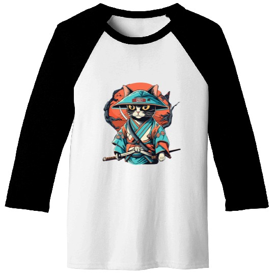 Japanese Samurai Cat Tattoo Kawaii Ninja Cat Ukiyoe Anime Baseball Tees