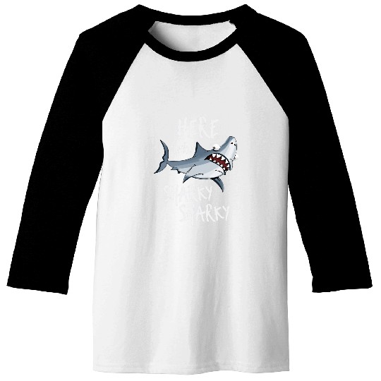 Here Sharky Fisherman Shark Fin Deep Sea Fishing Rod Angler Baseball Tees