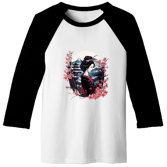 Japanese Geisha With Mount Fuji And Pagoda Cherry Blossom 13 Baseball Tees