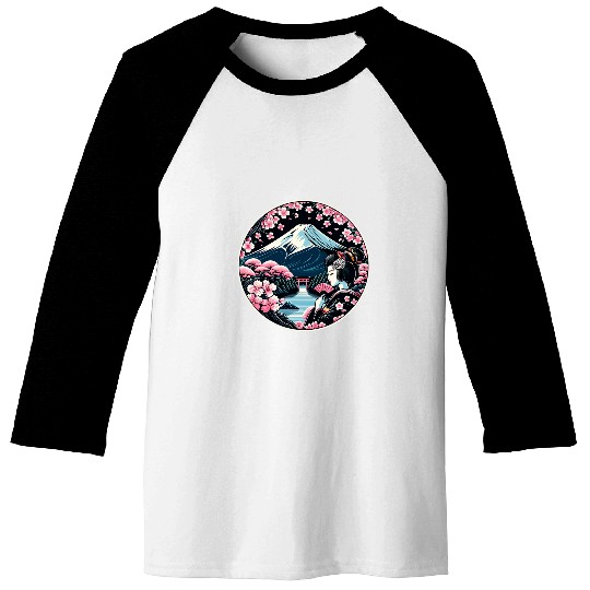 Mount Fuji Cherry Blossoms Geisha Japanese Garden Japan Art 6 Baseball Tees