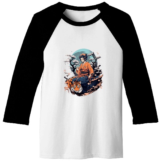 Japanese Geisha and Tiger With Mount Fuji And Pagoda Blossom 4 Baseball Tees