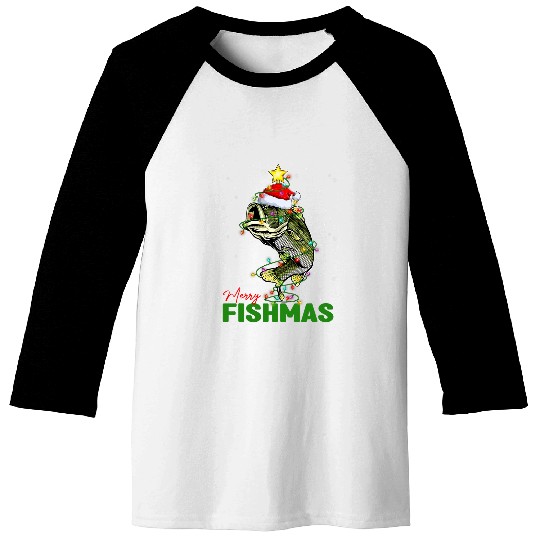 Merry Fishmas Fish Santa Claus Hat Christmas Tree Lights Baseball Tees