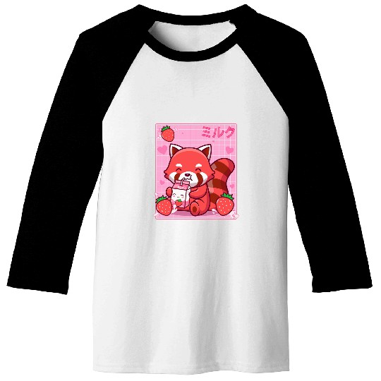 Panda Pet Kawaii Red Panda Strawberry Milk Shake Otaku Anime Lover Baseball Tees
