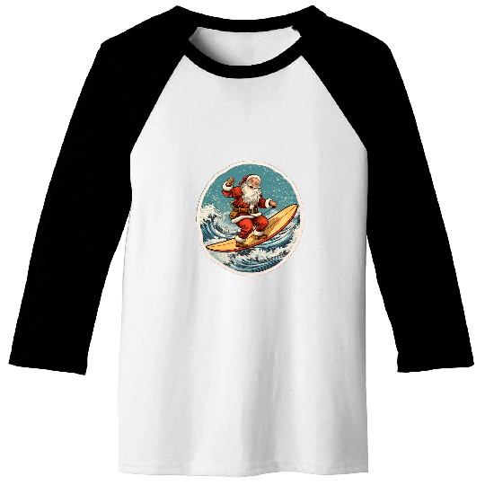 Surfing Santa on Surfboard Christmas in July Summer Surf Baseball Tees