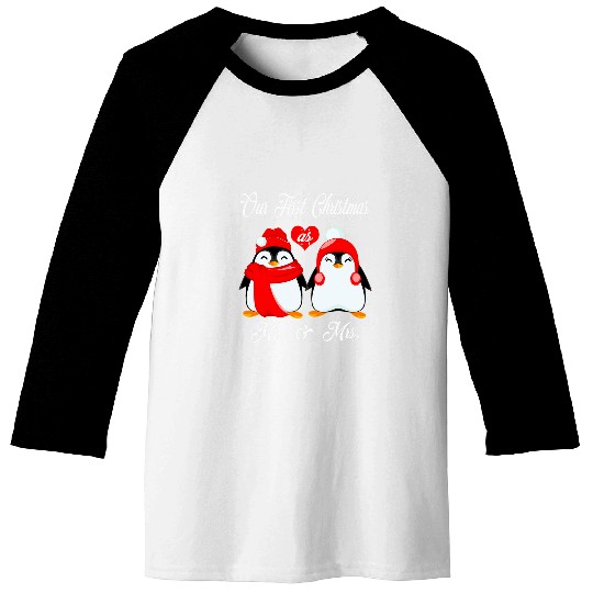 Penguin Pet Our First Christmas as Mr and Mrs Matching Couples Penguin Baseball Tees