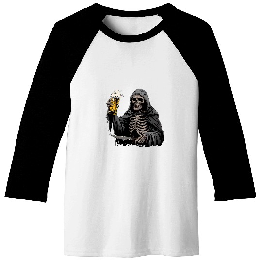 Beer Fun Grim Reaper Drinking Beer Halloween Costume Funny Dark Humor Baseball Tees
