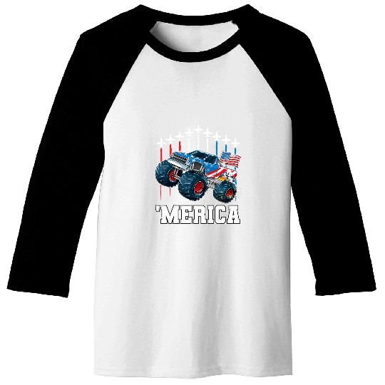 Monster Truck USA Flag Merica Boys Kids Men 4th of July Baseball Tees