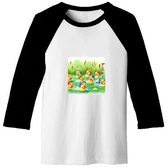 Duck Pet Playing Water Polo In Pond Caps Energetic Playful Baseball Tees