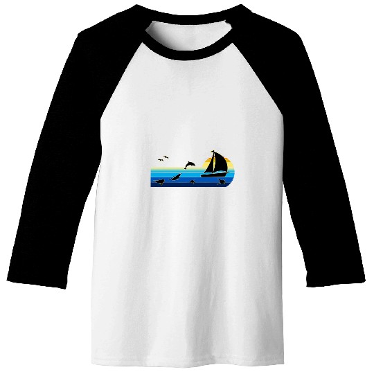 Nautical Sunrise Sailboat with Dolphins Beach Summer Sailing Baseball Tees