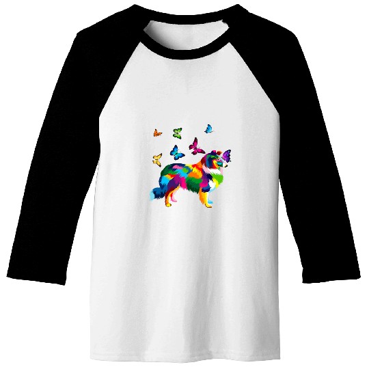 Dog Shetland colored Sheltie colorful Shetland Sheepdog butterflies Baseball Tees
