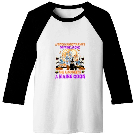 Wines Fun Halloween Witch On Wines And Funny Maine Coon Cat Costume Baseball Tees