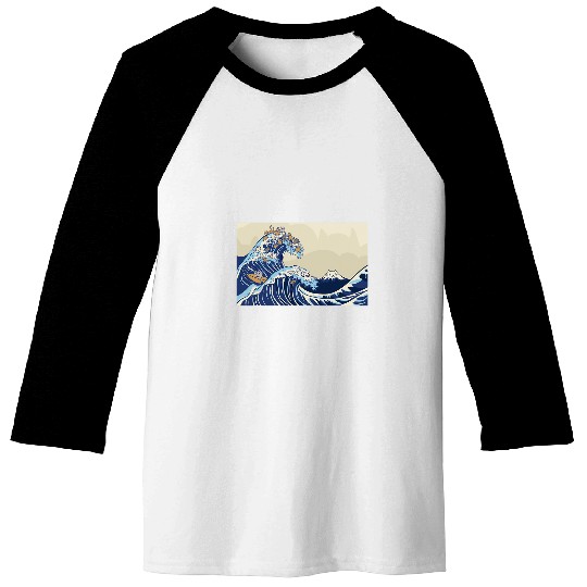 Surf Life Cute Cat Japanese Surfing Great Wave Baseball Tees