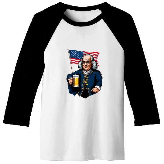 Beer Fun Benjamin Franklin With Beer Mug American Flag Baseball Tees
