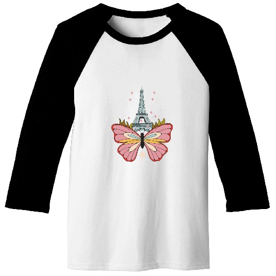 Butterfly Eiffel Tower Sky Stars I Love Paris French France Baseball Tees