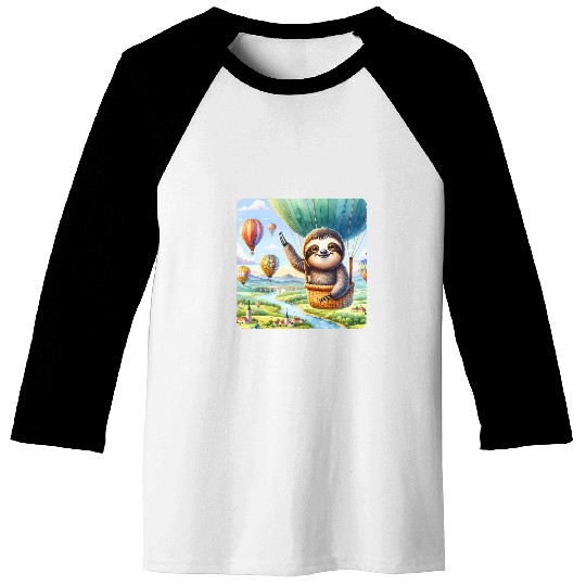Sloth Pet Piloting A Balloon Sky Landscape Adventure Baseball Tees