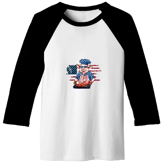 Funny 4th of July Pig Grilling BBQ Party Barbecue Pig Grill 23 Baseball Tees