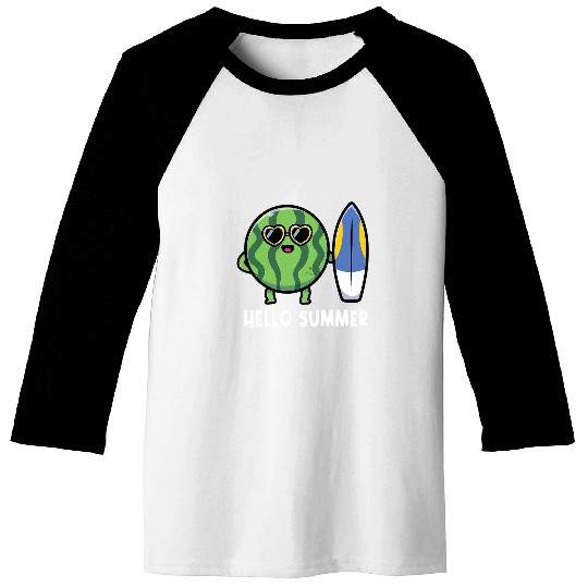 Retro Groovy Hello Summer Fruit Watermelon Surf Surfing 1 Baseball Tees