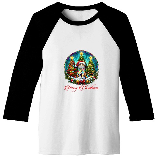 Whiskered Winter Wonderland Stained Glas Cat Christmas Baseball Tees