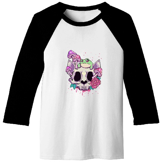 Pastel Goth Kawaii Frog On A Cat Skull with Mushroom Baseball Tees