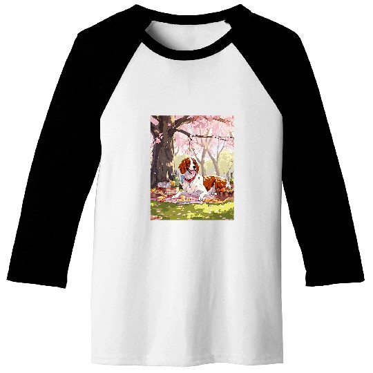 Brittany Spaniel Cherry Blossom Funny Dog Picnic Baseball Tees