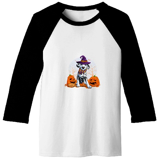 cute dog dalmatian witch broom happy halloween spooky season Baseball Tees