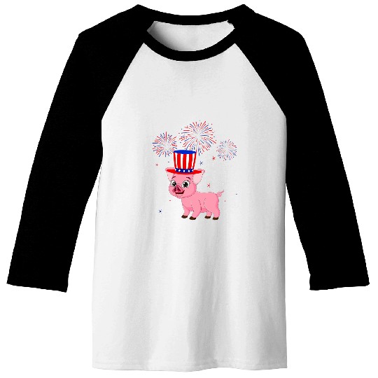Pig Graphic Red White Blue Fireworks Decor 4th Of July Baseball Tees