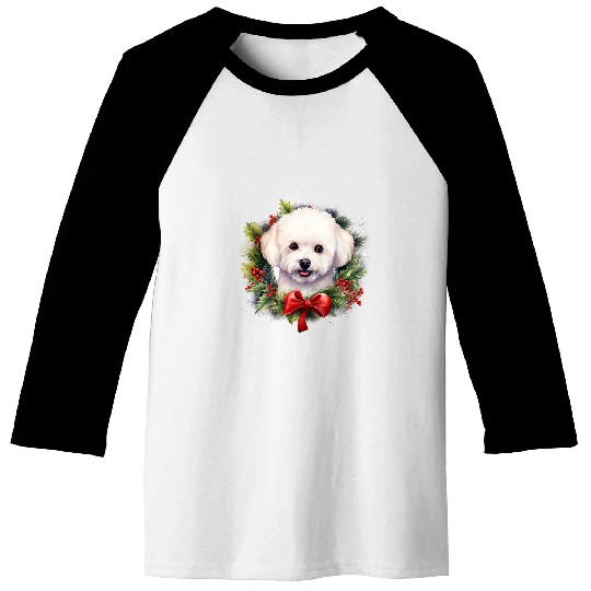 Bichon Frise Christmas Puppy Winter Dog Wreath Red Baseball Tees