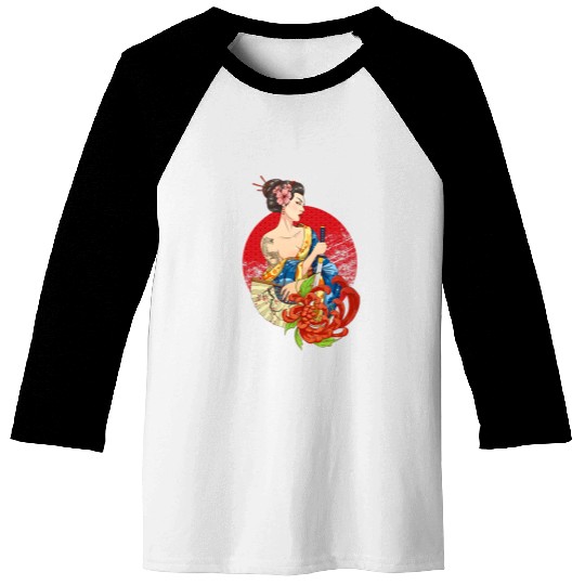 Geisha Girl Katana swords and Tattoo of Dragon Japanese Baseball Tees