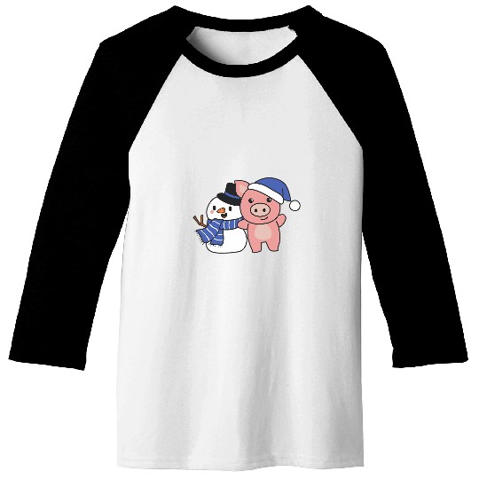 Pig With Snowman In Winter For Christmas Baseball Tees