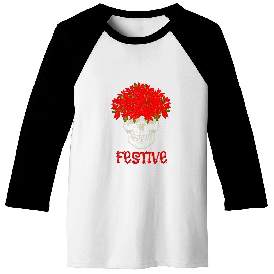 Festive Red Poinsettia and Skull Art in Grunge Style Baseball Tees