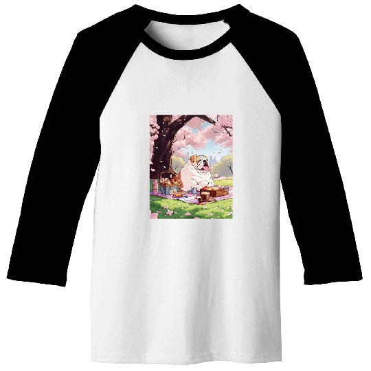 English Bulldog Cherry Blossom Funny Dog Picnic Baseball Tees
