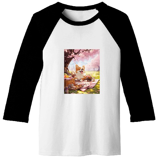 Corgi Cherry Blossom Funny Dog Picnic Baseball Tees